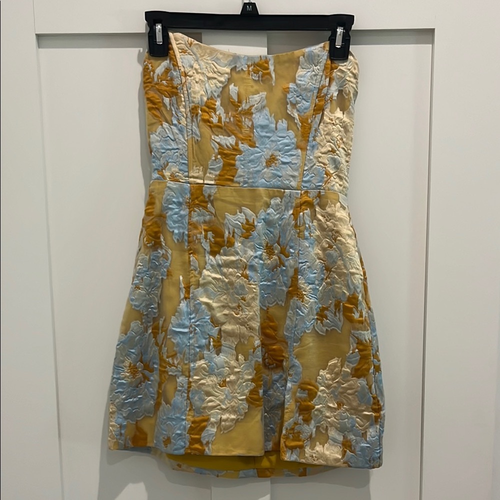 Showpo Floral Mini Dress in Blue and Gold